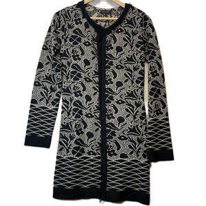 Gottardi Black & Cream Floral Knit Cardigan Longline Merino Blend Size M Italian